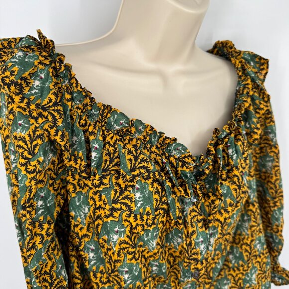 J. Crew Ratti Elephant Print Blouse Woman’s size 14 green off shoulder button up - Picture 9 of 14